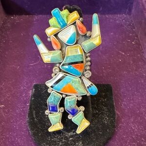 Multicolor Inlay Dancing Kachina Pendant ring- Native Style Women or Men Jewelry